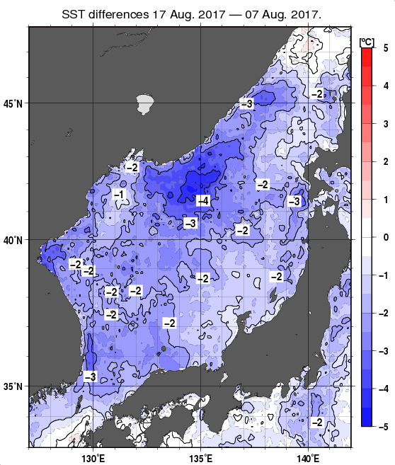 日本海の10日間の海面水温変化量分布図（8月17日）