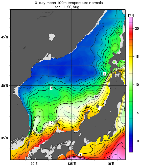日本海の深さ100mの水温の旬別平年値(1982～2010年の29年間の平均)(8月中旬)