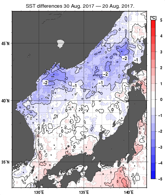 日本海の10日間の海面水温変化量分布図（8月30日）