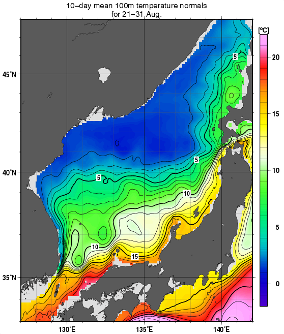 日本海の深さ100mの水温の旬別平年値(1982～2010年の29年間の平均)(8月下旬)