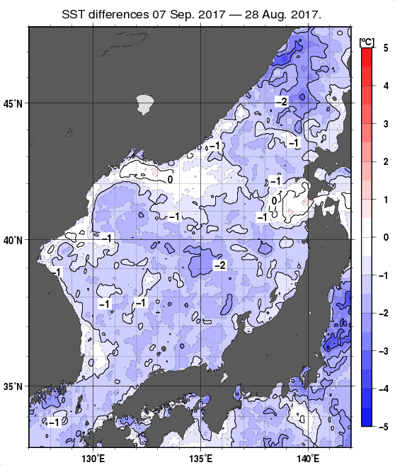 日本海の10日間の海面水温変化量分布図（9月7日）