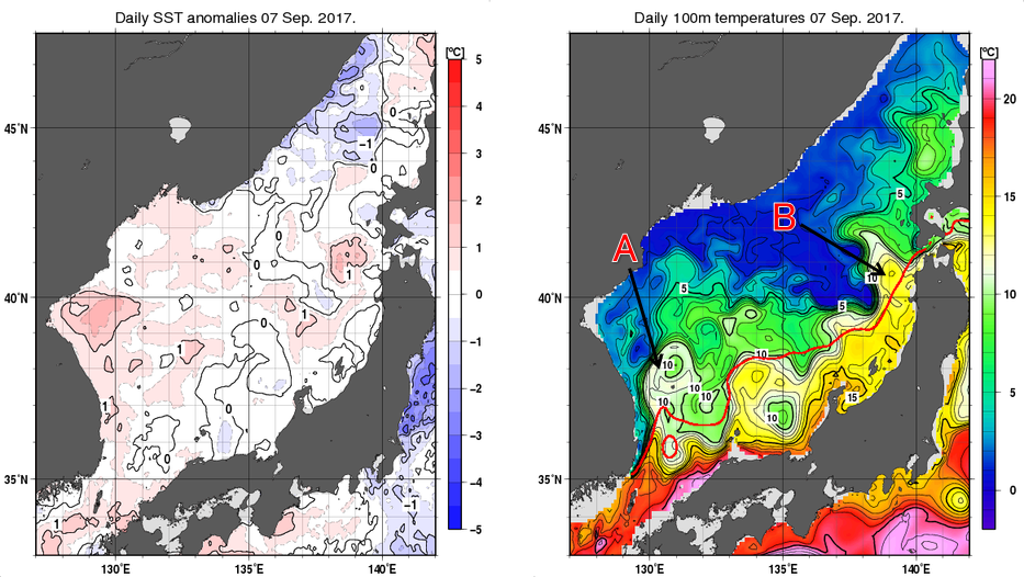 日本海の海面水温平年差分布図および深さ100mの水温分布図（9月7日）