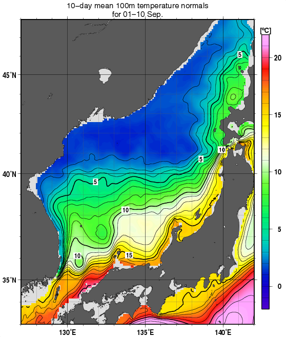 日本海の深さ100mの水温の旬別平年値(1982～2010年の29年間の平均)(9月上旬)