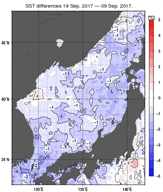 日本海の10日間の海面水温変化量分布図（9月19日）