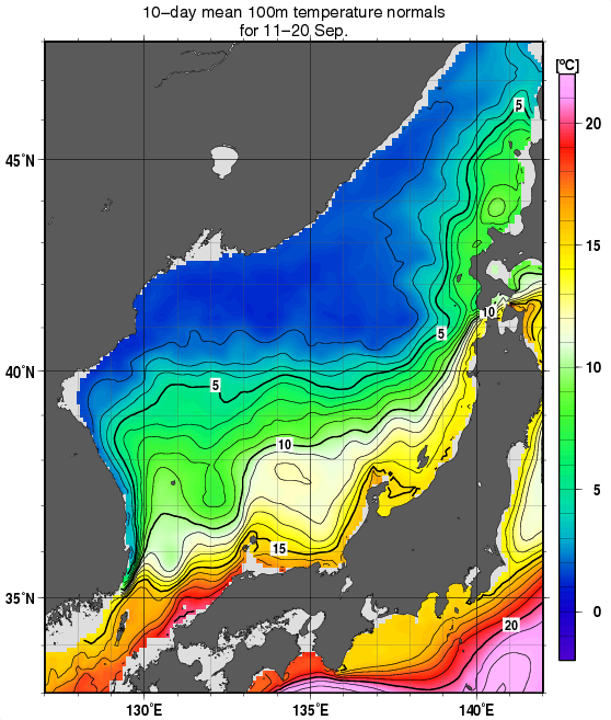 日本海の深さ100mの水温の旬別平年値(1982～2010年の29年間の平均)(9月中旬)