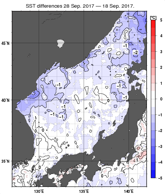 日本海の10日間の海面水温変化量分布図（9月28日）