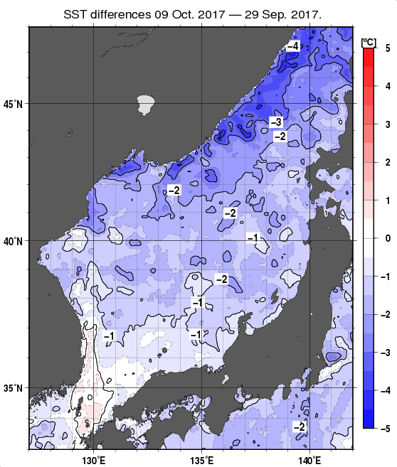 日本海の10日間の海面水温変化量分布図（10月9日）