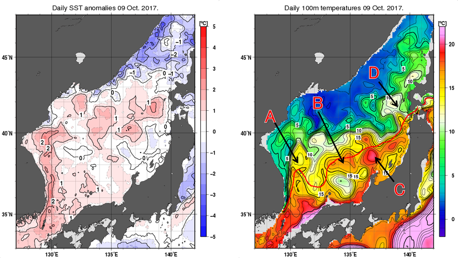 日本海の海面水温平年差分布図および深さ100mの水温分布図（10月9日）