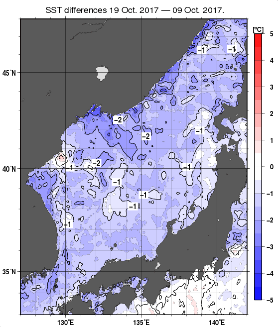 日本海の10日間の海面水温変化量分布図（10月19日）