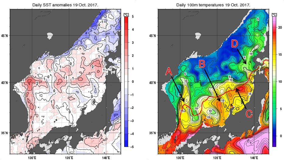 日本海の海面水温平年差分布図および深さ100mの水温分布図（10月19日）