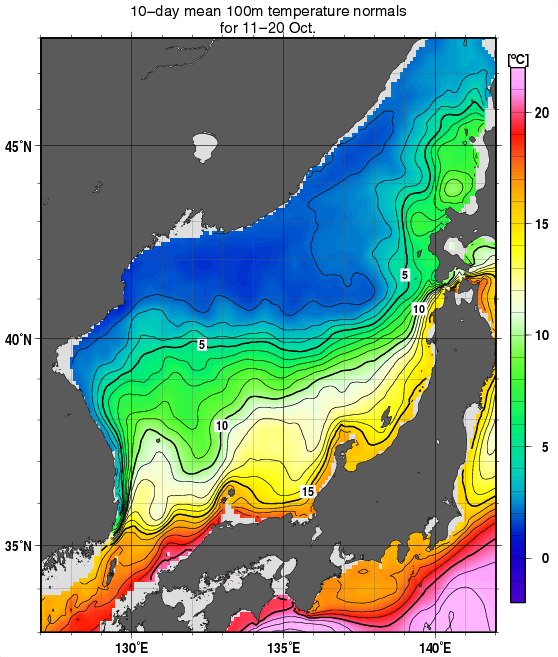 日本海の深さ100mの水温の旬別平年値(1982～2010年の29年間の平均)(10月中旬)