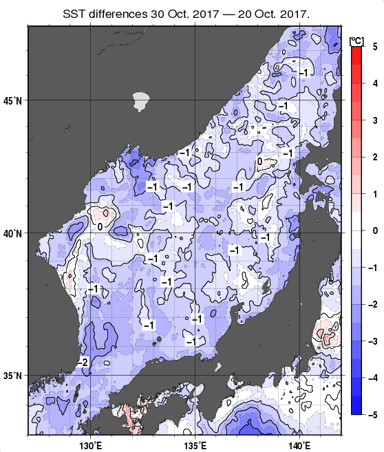 日本海の10日間の海面水温変化量分布図（10月30日）
