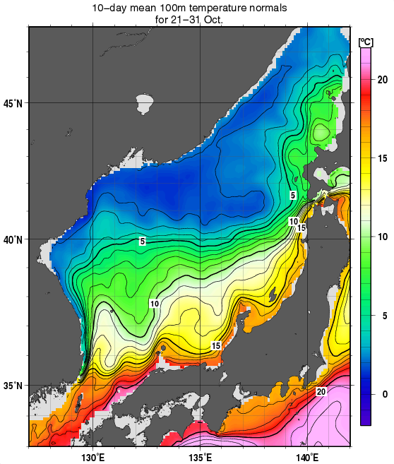 日本海の深さ100mの水温の旬別平年値(1982～2010年の29年間の平均)(10月下旬)