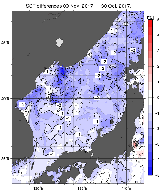 日本海の10日間の海面水温変化量分布図（11月9日）
