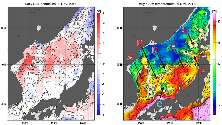 日本海の海面水温平年差分布図および深さ100mの水温分布図（11月9日）