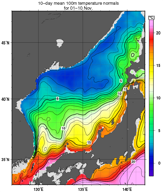 日本海の深さ100mの水温の旬別平年値(1982～2010年の29年間の平均)(11月上旬)