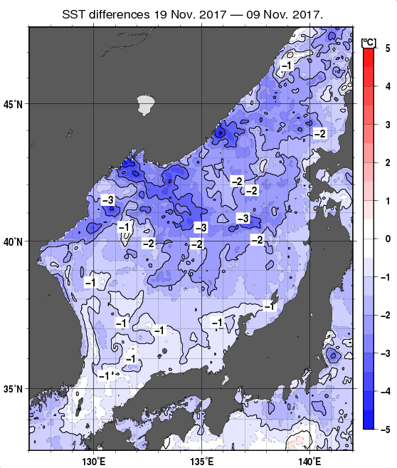 日本海の10日間の海面水温変化量分布図（11月19日）