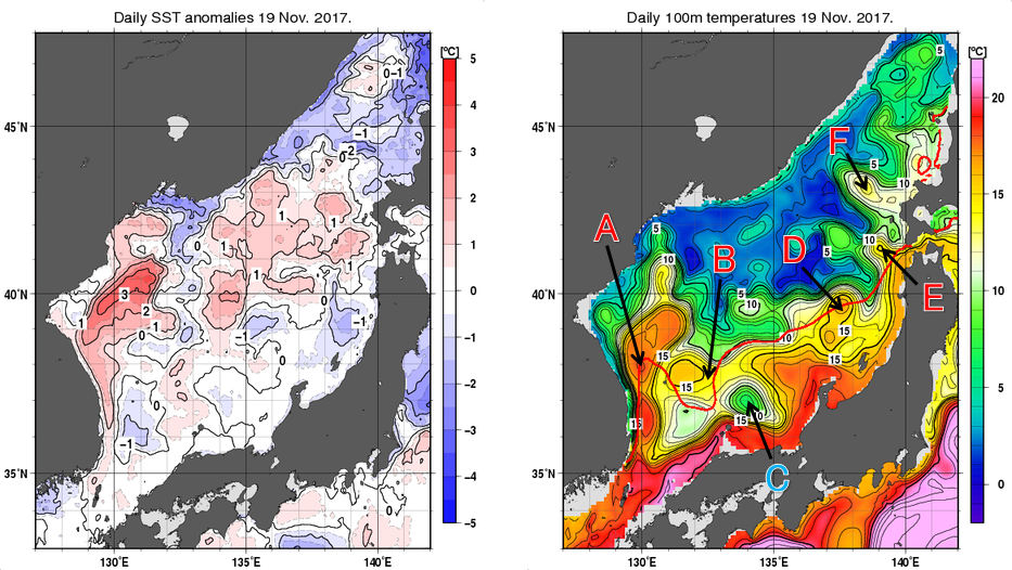 日本海の海面水温平年差分布図および深さ100mの水温分布図（11月19日）
