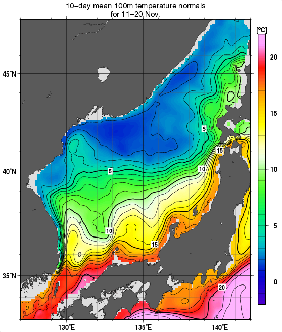日本海の深さ100mの水温の旬別平年値(1982～2010年の29年間の平均)(11月中旬)