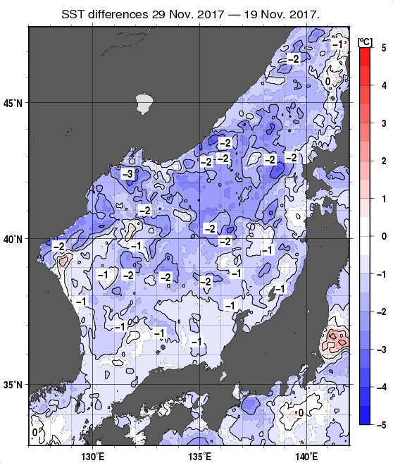 日本海の10日間の海面水温変化量分布図（11月29日）