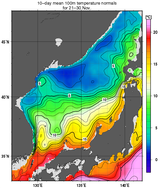 日本海の深さ100mの水温の旬別平年値(1982～2010年の29年間の平均)(11月下旬)