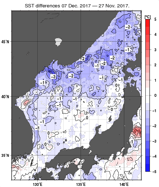 日本海の10日間の海面水温変化量分布図（12月7日）