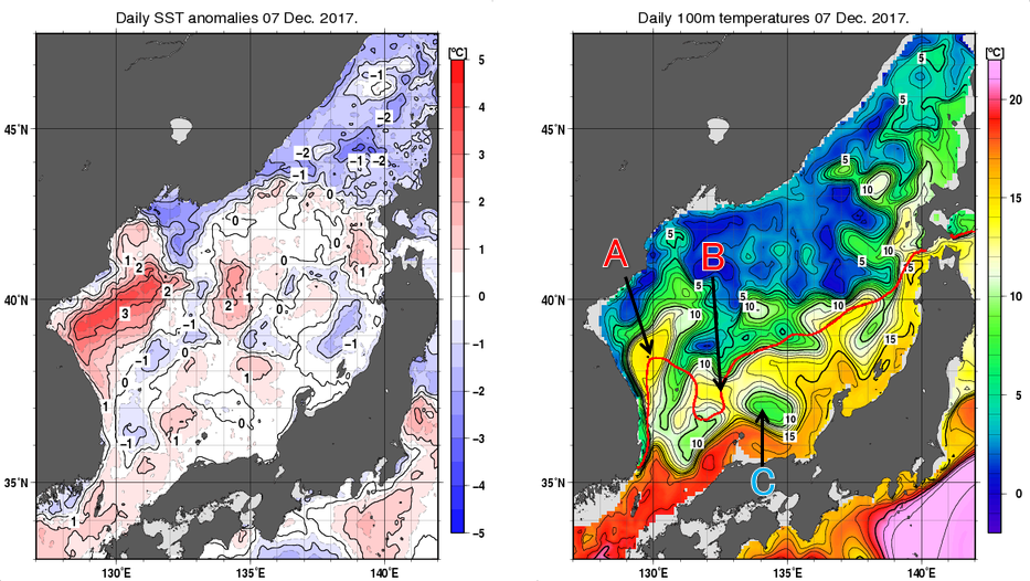 日本海の海面水温平年差分布図および深さ100mの水温分布図（12月7日）