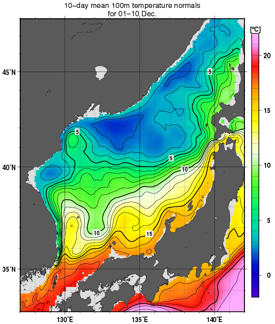 日本海の深さ100mの水温の旬別平年値(1982～2010年の29年間の平均)(12月上旬)