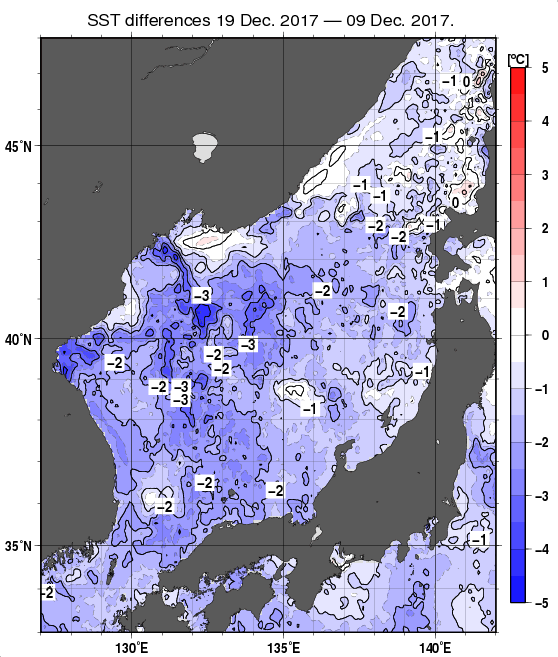 日本海の10日間の海面水温変化量分布図（12月19日）