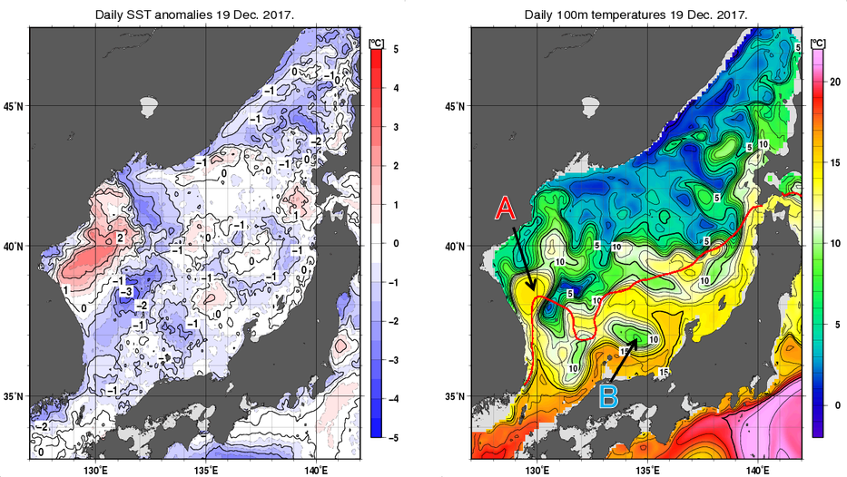 日本海の海面水温平年差分布図および深さ100mの水温分布図（12月19日）