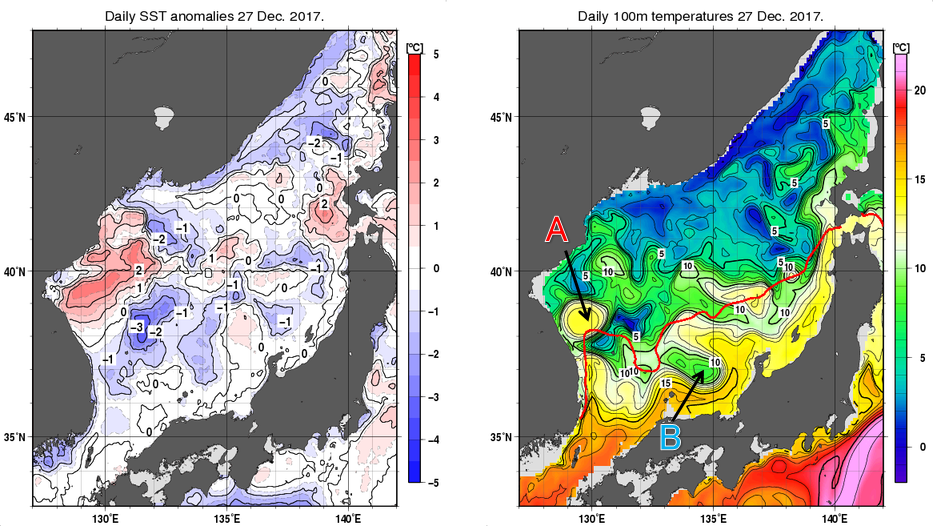 日本海の海面水温平年差分布図および深さ100mの水温分布図（12月27日）