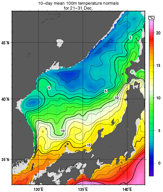 日本海の深さ100mの水温の旬別平年値(1982～2010年の29年間の平均)(12月下旬)