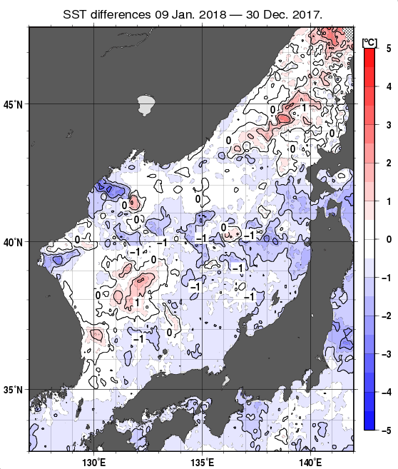 日本海の10日間の海面水温変化量分布図（1月9日）