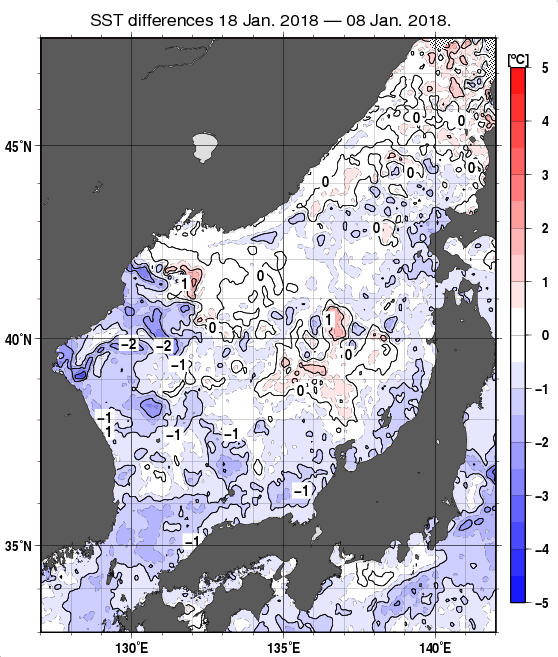 日本海の10日間の海面水温変化量分布図（1月18日）