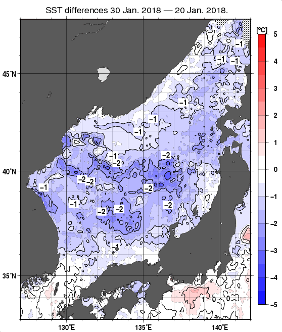 日本海の10日間の海面水温変化量分布図（1月30日）