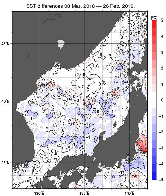 日本海の10日間の海面水温変化量分布図（3月8日）