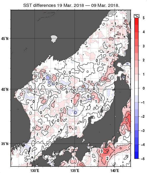 日本海の10日間の海面水温変化量分布図（3月19日）
