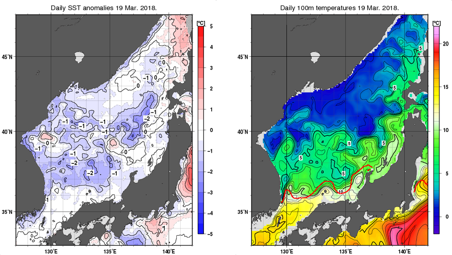 日本海の海面水温平年差分布図および深さ100mの水温分布図（3月19日）