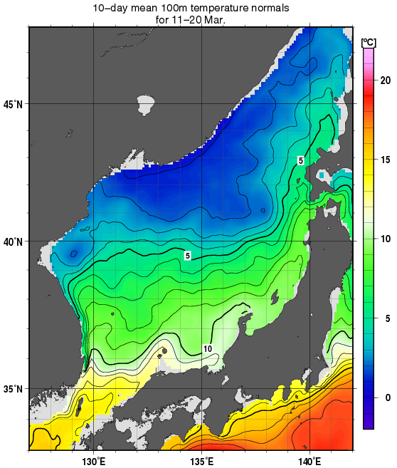 日本海の深さ100mの水温の旬別平年値(1982～2010年の29年間の平均)(3月中旬)