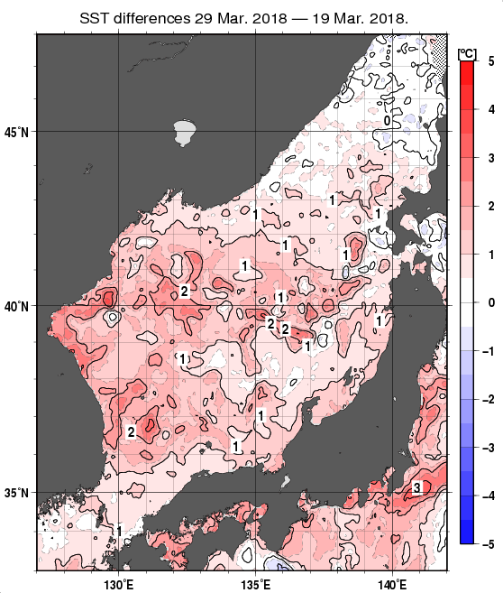 日本海の10日間の海面水温変化量分布図（3月29日）