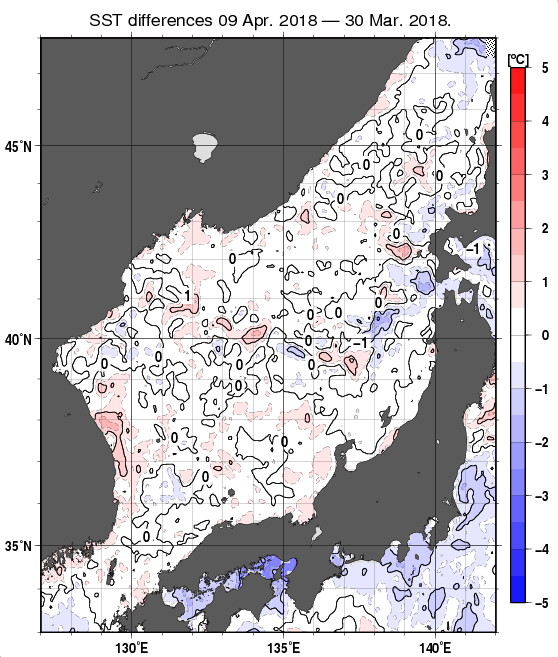 日本海の10日間の海面水温変化量分布図（4月9日）