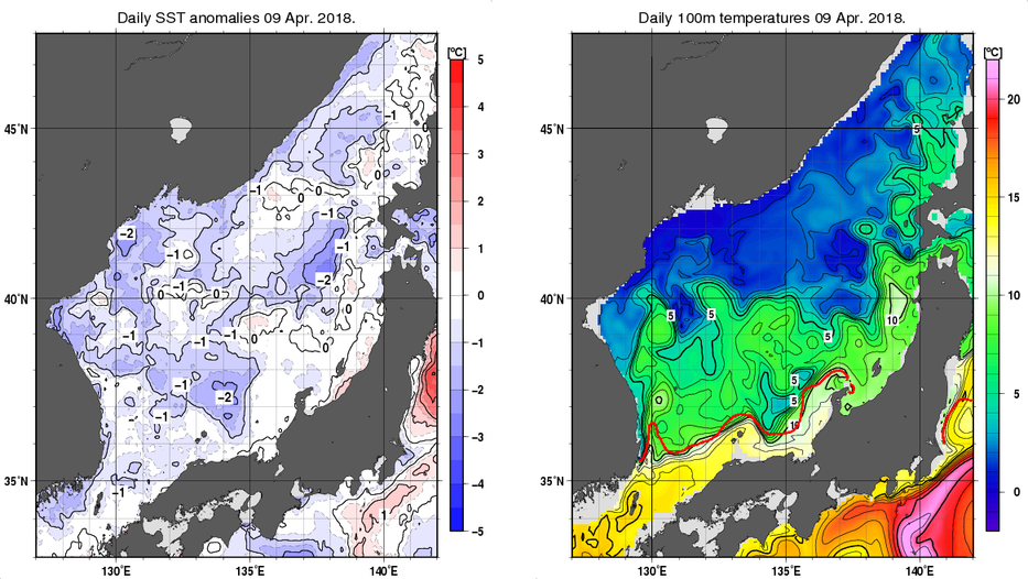 日本海の海面水温平年差分布図および深さ100mの水温分布図（4月9日）