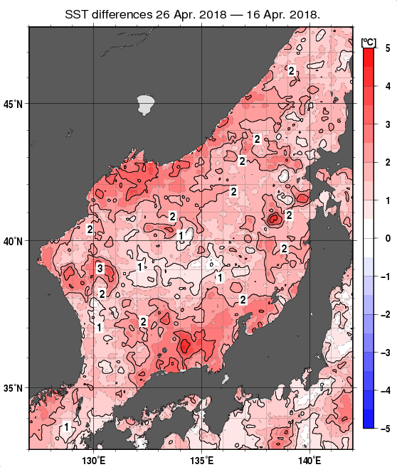 日本海の10日間の海面水温変化量分布図（4月26日）