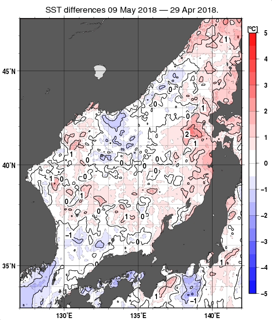 日本海の10日間の海面水温変化量分布図（5月9日）