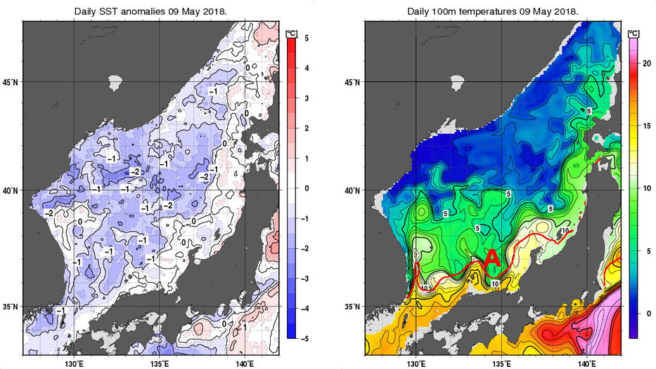 日本海の海面水温平年差分布図および深さ100mの水温分布図（5月9日）