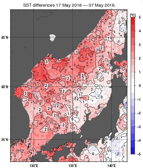 日本海の10日間の海面水温変化量分布図（5月17日）