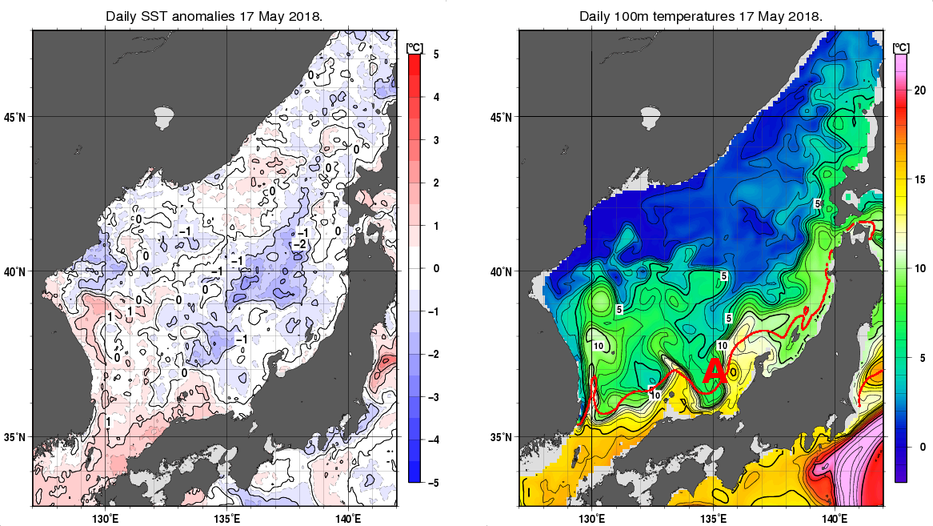 日本海の海面水温平年差分布図および深さ100mの水温分布図（5月17日）
