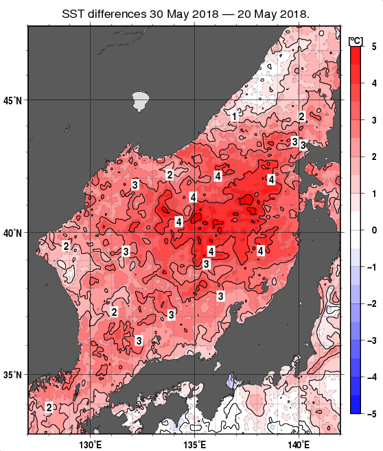 日本海の10日間の海面水温変化量分布図（5月30日）