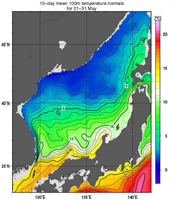 日本海の深さ100mの水温の旬別平年値(1982～2010年の29年間の平均)(5月下旬)