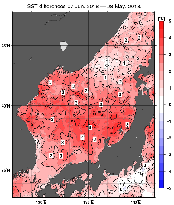 日本海の10日間の海面水温変化量分布図（6月7日）